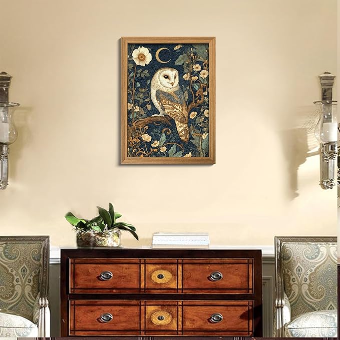 Framed William Morris Wall Art, 3D Textured Cottagecore Vintage Barn Owl Wall Decor, Hand Drawn Sandstone Botanical Art, Dark Academia Flowers Artwork for Bedroom, Farmhouse Home Decor 12x16 inch