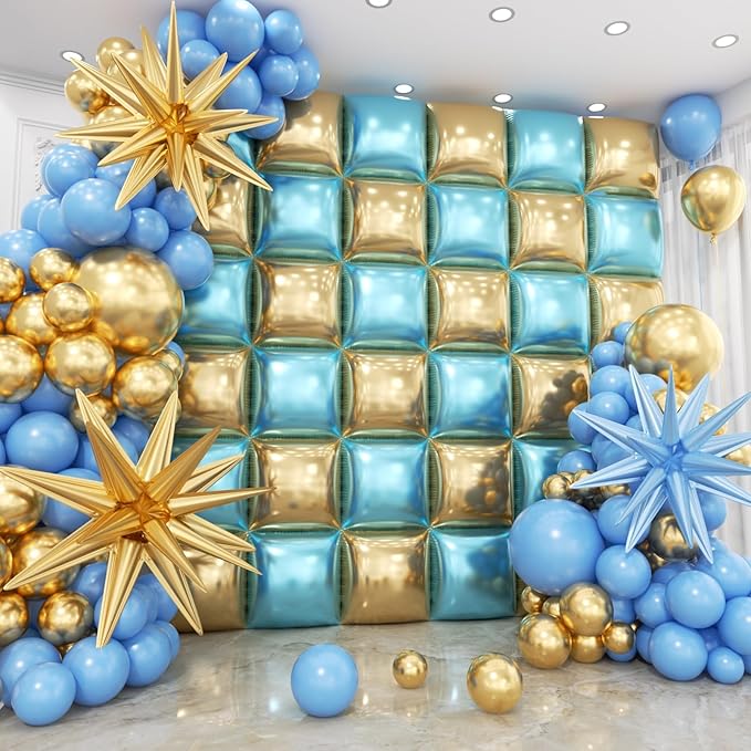 36pcs Blue and Gold Square Foil Balloons Wall Backdrop with 147pcs Balloon Garland Arch Kit, Double Sided Balloons for Graduation Birthday Anniversary Wedding Baby Shower Prom Party Decorations