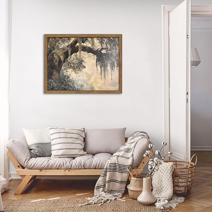 Framed Cottagecore Canvas Wall Art, Vintage Live Oak Tree Pictures Print, Charleston Spanish Moss Oil Paintings, Farmhouse Savannah Southern Wall Decor for Entryway Living Room – 12x16 inch