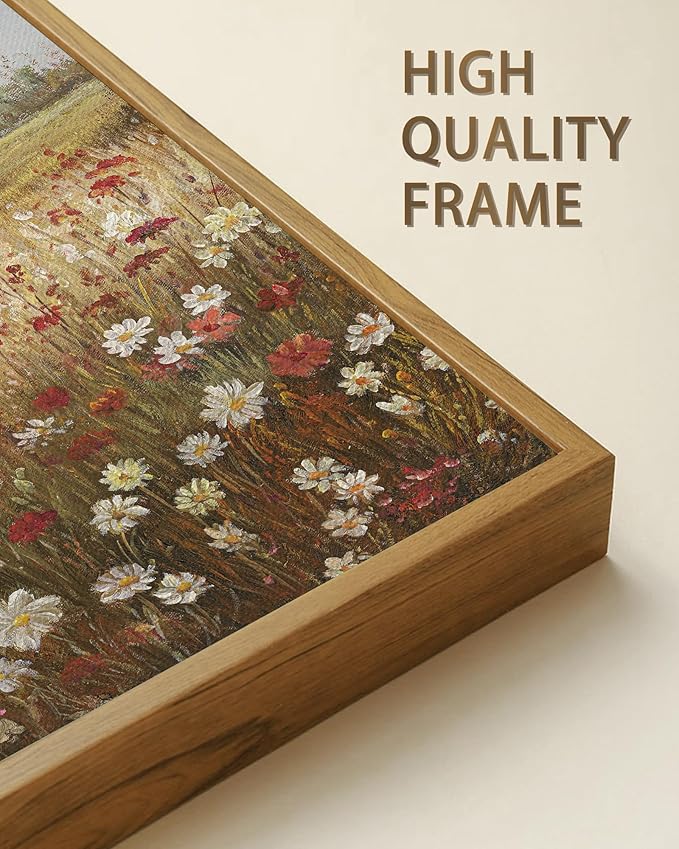 SHENIFY Vintage Framed Wall Art Meadow with Flowers Landscape Scenery Home Decor Retro Wildflower Field Decorations for Farmhouse Bedroom Ready to Hang Wall Artwork - 11x14in Natural Framed