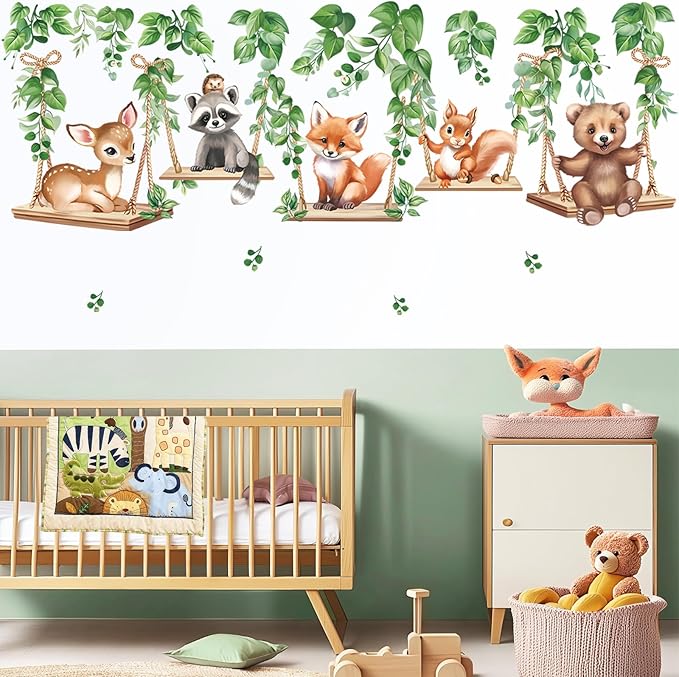 wondever Woodland Animal on Swings Wall Stickers Baby Bear Deer Fox Leaves Peel and Stick Wall Art Decals for Children Nursery Kids Bedroom Living Room