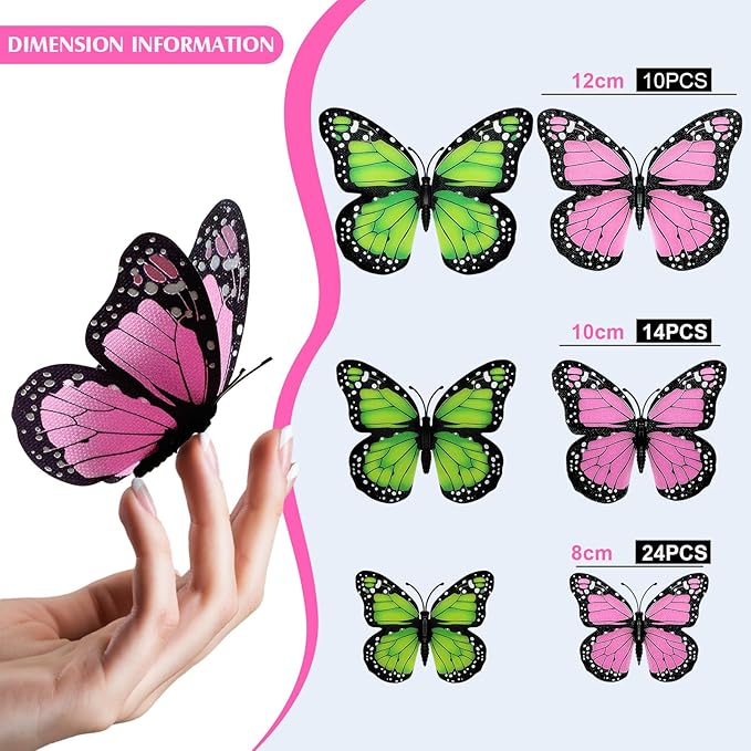 Chuangdi 48 Pcs Pink Monarch Butterfly Decorations 3 Size Fake Butterflies Realistic Butterfly Craft Artificial Mariposas Wall Decor for Craft Wedding Home Birthday Party (Green,3.2inch,4inch,4.7inch)