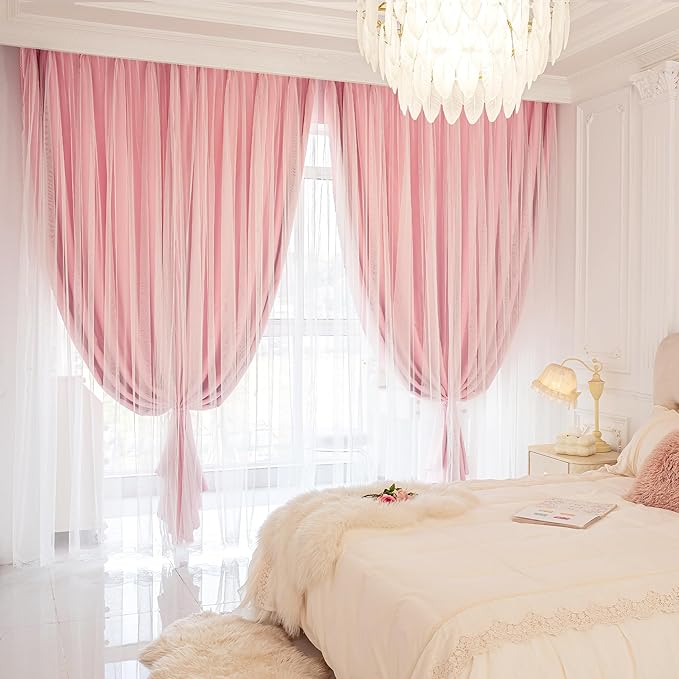 XiDi Pink Blackout Curtains for Girls Bedroom Living Room 63 Inches Long 2 Panels Thermal Insulated Double Layer Curtains with Sheer Overlay Lace Hem for Nursery Kids Princess Grommet Drapes 34Wx63L