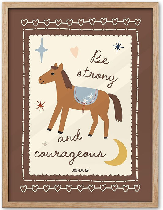 KensTro Christian Nursery Decor Framed Wall Art, 12x16 in Boho Christian Bible Verse Quote Canvas Wall Art,Be Strong and Courageous Horse Art Print Children Playroom Bedroom Decor Set of 1
