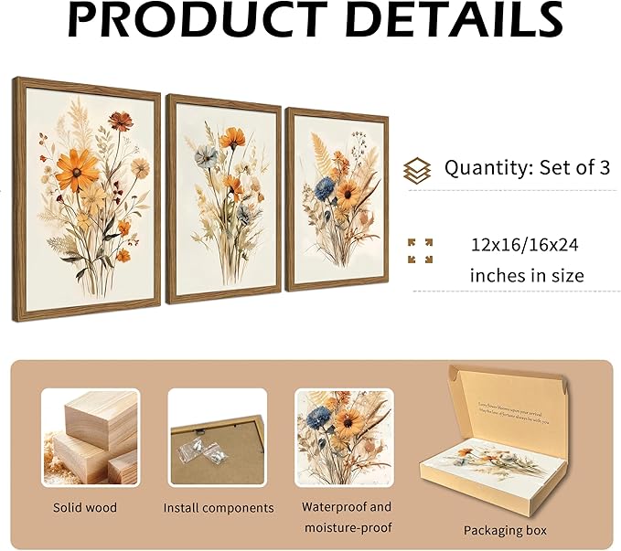 Vintage Wildflower Framed Canvas Wall Art Set of 3 – Rustic Botanical Floral Pictures Prints for Living Room Bedroom Bathroom, Retro Boho Wall Decor for Home Aesthetic 16x24 inch