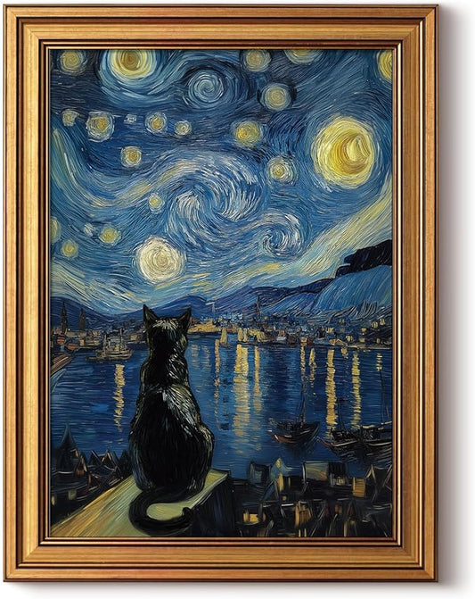 HUARCEY Gold Framed Canvas Wall Art, Van Gogh Cat Vintage Decor, Bathroom Shelf Vintage Decor Aesthetic, Retro Decoration for Bathroom Bedroom Living Room, 12x16Inch