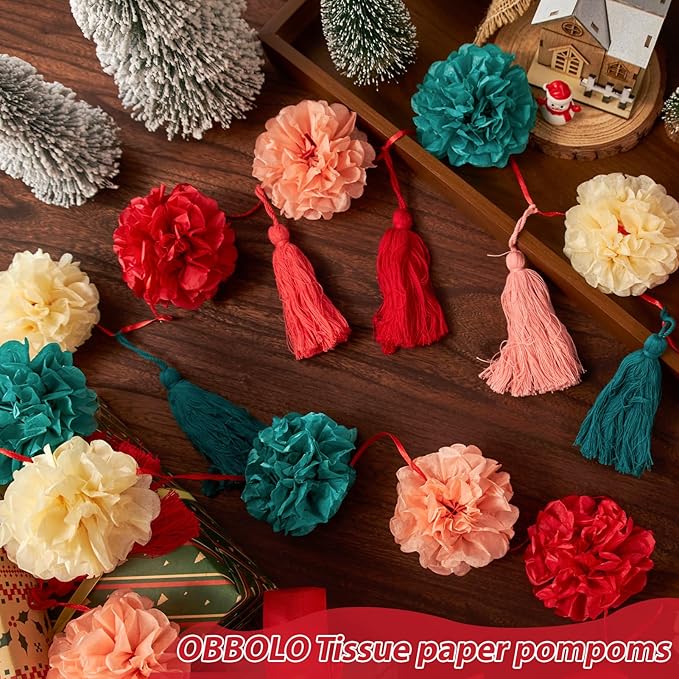Tissue Paper Pompom Garland with Cotton Tassels, 2 Pcs Christmas Garland for Mantel, Window, Staircase, Holiday Party Decorations, Christmas Hanging Decorations, Green Red Pink Pompom