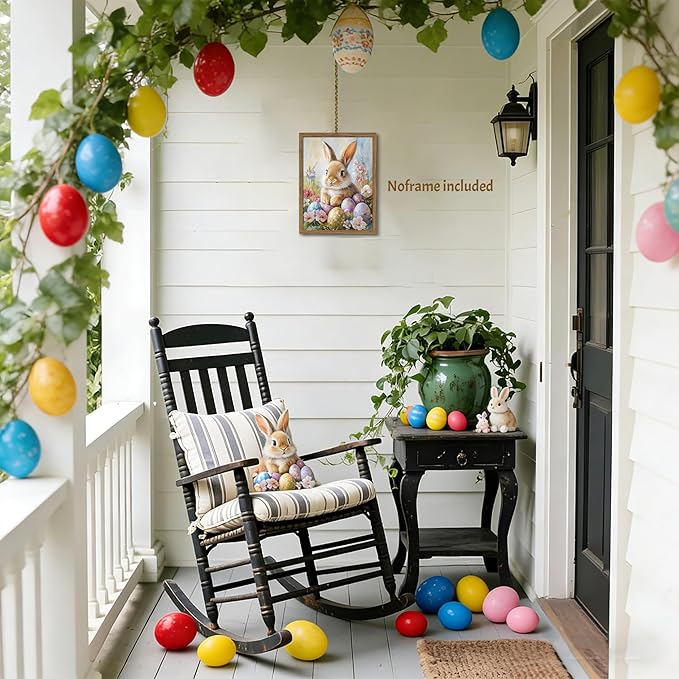 Easter Bunny Wall Art Poster, Cute Bunny with Eggs Picture Prints, Vintage Cottage Holiday Theme Canvas Artwork, Modern Farmhouse Wall Decor for Kids Room Bedroom Living Room 12x16in Unframed