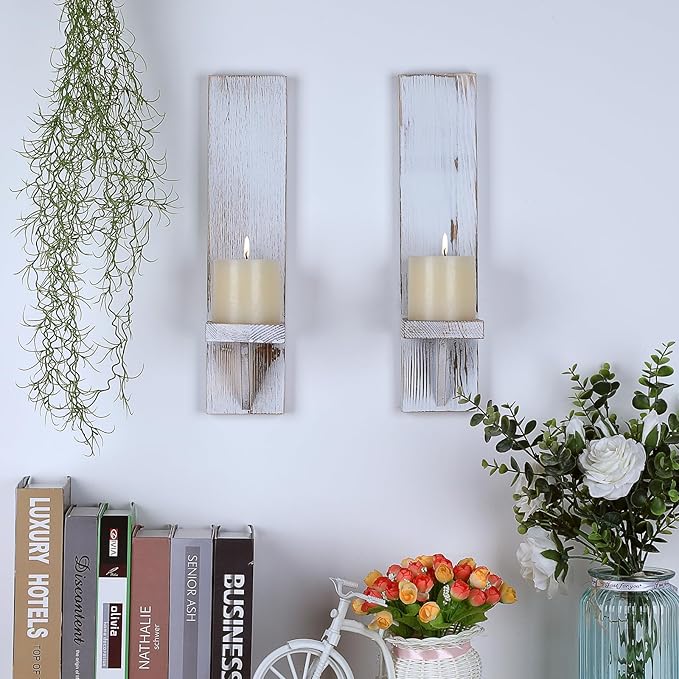 OwnMy Set of 2 Wooden Wall Candle Sconces Rustic Wall Pillar Candle Sconces, Vintage White Hanging Wall Candle Sconce Farmhouse Candle Holders for Living Room