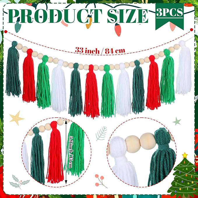 Zeyune 3 Pcs Christmas Tassel Garlands Red Green White Tassels Hanging Decor Xmas Rainbow Wall Hanging with Wood Beads for Christmas Party Supplies Bedroom Baby Shower