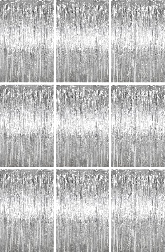 3.3 x 6.6 ft Foil Fringe Backdrop Curtains, Tinsel Streamers Party Decorations, Fringe Backdrop for Birthday, Baby Shower, Gender Reveal, Graduation (9, Silver)