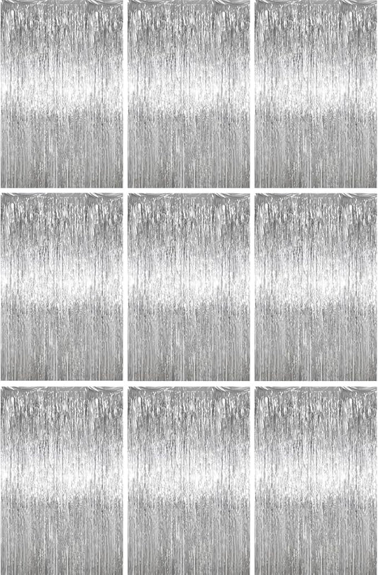 3.3 x 6.6 ft Foil Fringe Backdrop Curtains, Tinsel Streamers Party Decorations, Fringe Backdrop for Birthday, Baby Shower, Gender Reveal, Graduation (9, Silver)