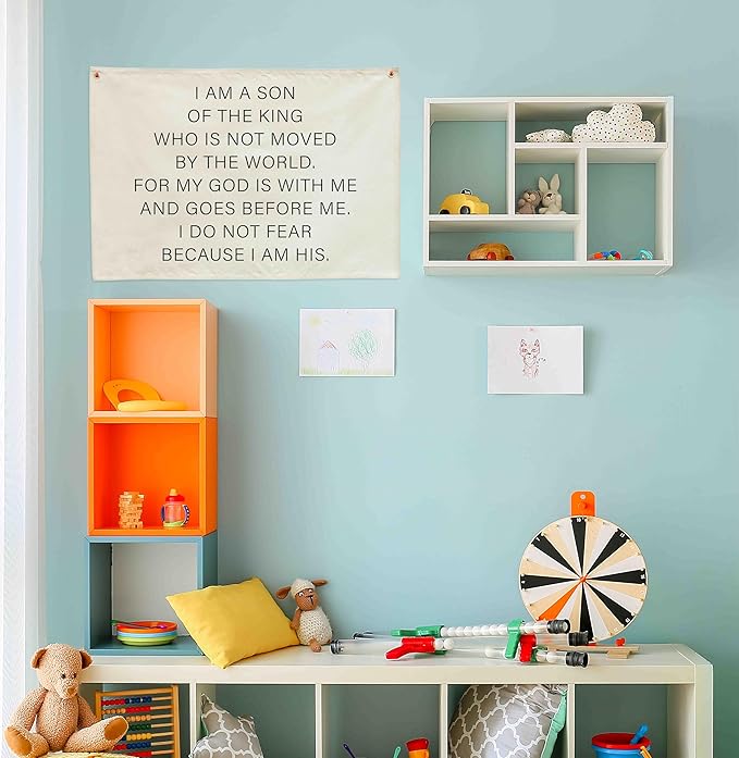 Christian Bible Verse Scripture Canvas Banner -Hanging Rectangular Flag for Baby Kids,Nursery Bedroom Playroom Nursery Decoration-Baby Shower Baptism Birthday Christmas Gift-I Am a Son of the King
