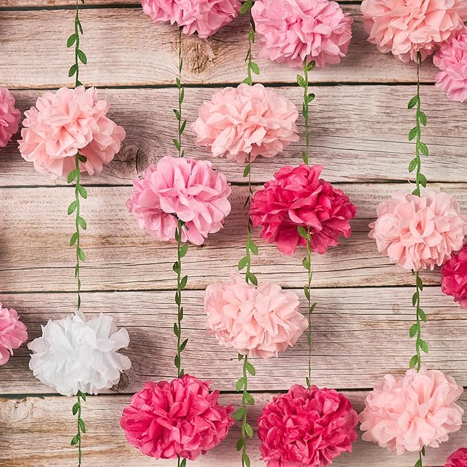 Gradient Pink Tissue Paper Pom Pom Garlands, Paper Flowers for Birthday Decorations, Baby Shower, Wedding Engagement, Bridal Shower, Spring Summer Party Decorations
