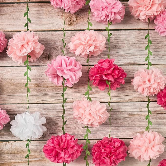 Gradient Pink Tissue Paper Pom Pom Garlands, Paper Flowers for Birthday Decorations, Baby Shower, Wedding Engagement, Bridal Shower, Spring Summer Party Decorations