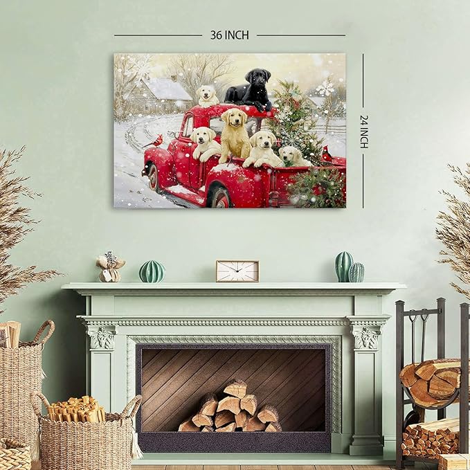 Vintage Red Truck Wall Art Christmas Tree Wall Decor Cute Farmhouse Puppy Pictures Retro Winter Christmas Scenic Poster Rustic Snow Country Artwork for Kitchen Dining Room Home Decorations 24x36"
