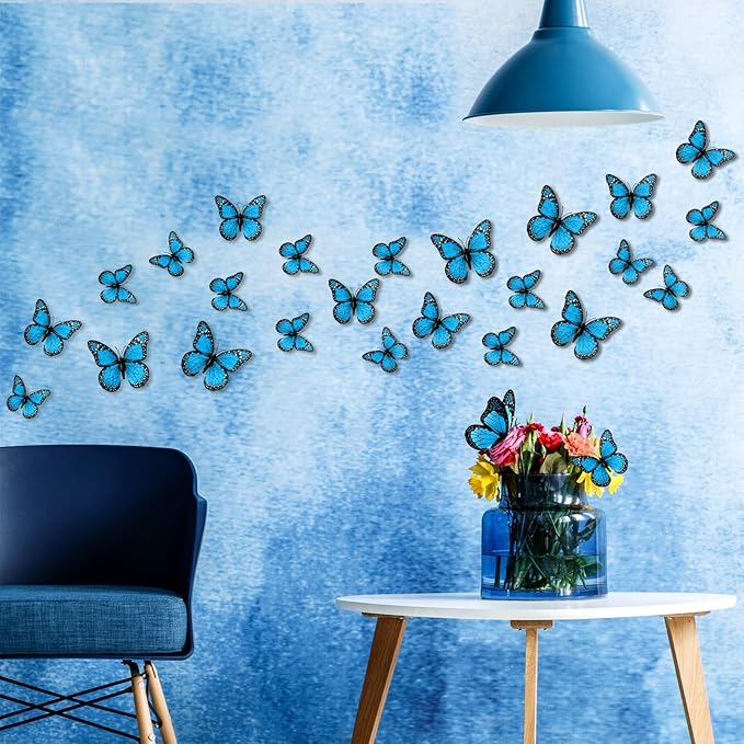 Chuangdi 48 Pcs Blue Monarch Butterfly Decorations 3 Size Fake Butterflies Realistic Butterfly Craft Artificial Mariposas Wall Decor for Craft Wedding Home Birthday Party (3.2inch,4inch,4.7inch)
