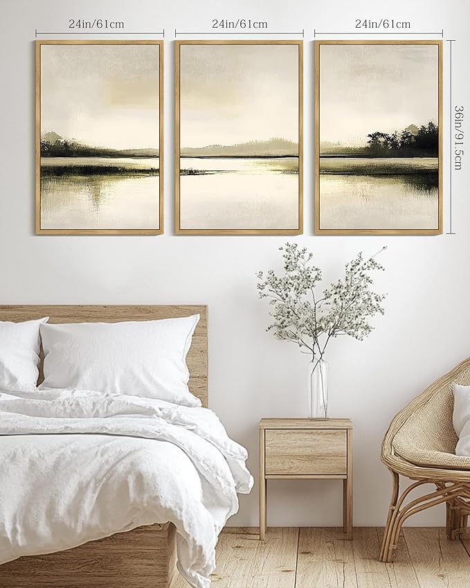 Drsoum Vintage Black Gray Abstract Laker Landscape Wall Art Framed Brown Tan Neutral Prints Minimalist Modern Rustic Artwork Bedroom Living Room Ready to Hang 24x36in Natural Framed