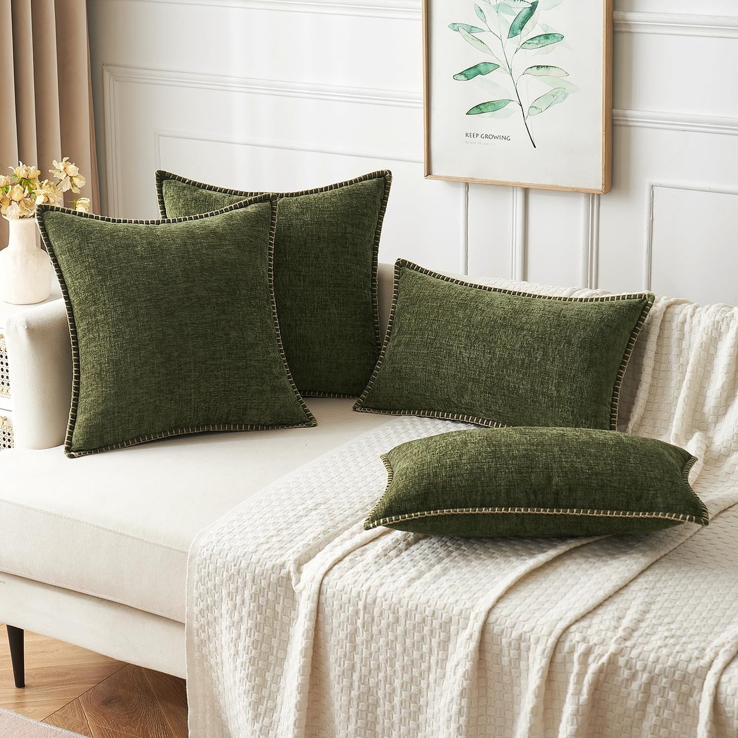 MIULEE Pack of 2 Couch Throw Pillow Covers 24x24 Inch Olive Green Farmhouse Decorative Pillow Covers with Stitched Edge Soft Chenille Solid Dyed Spring Pillow Covers for Sofa Bed Living Room
