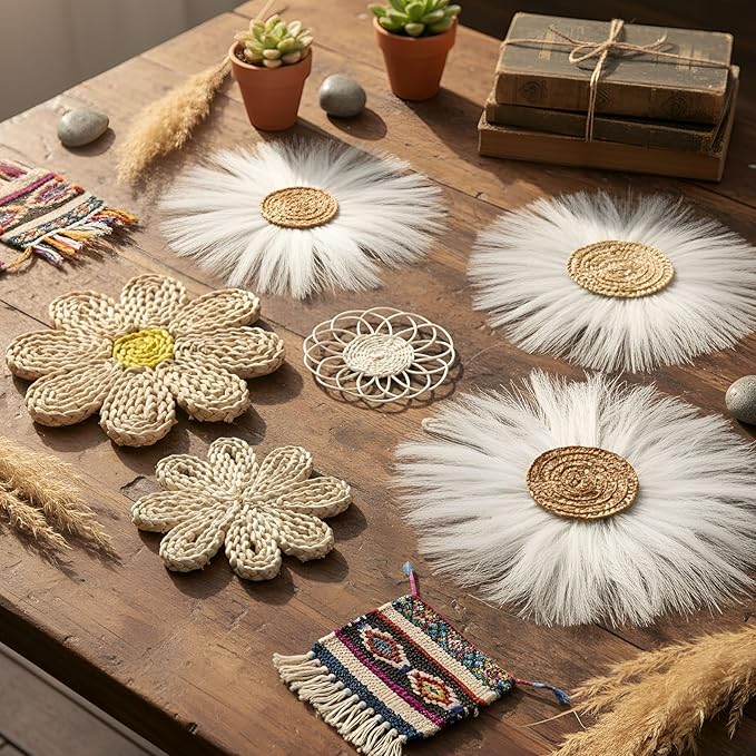 Chunful 7 Pcs Boho Wall Basket Decor Rattan Flower Wall Decor Nursery Daisy Flower Woven Macrame Hanging Flowers for Baby Kids Girls Farmhouse Bedrooms Living Rooms Kitchen Home(Milky White)