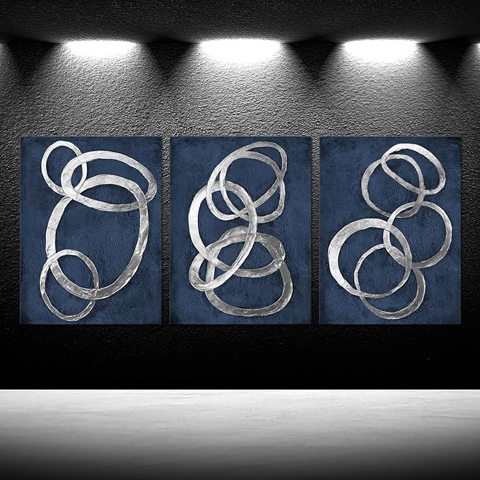 iKNOW FOTO Set of 3 Modern Abstract Blue and Silver Circle Canvas Prints Contemporary Artwork Painting for Bedroom and Bathroom Stretched Canvas Ready to Hang Each Panel 12x16 inches
