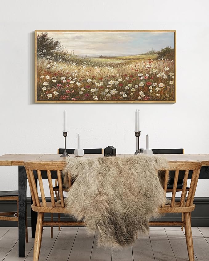 SHENIFY Vintage Framed Wall Art Meadow with Flowers Landscape Scenery Home Decor Retro Wildflower Field Decorations for Farmhouse Bedroom Ready to Hang Wall Artwork - 20x40in Natural Framed