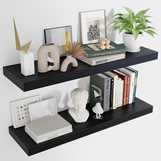 Fun Memories Floating Shelves for Wall 36 Inches, Wood Shelves with Invisible Bracket, 10" Deep Shelves Wall Mounted, Large Wood Floating Shelves for Living Room Bathroom, Black, Set of 2