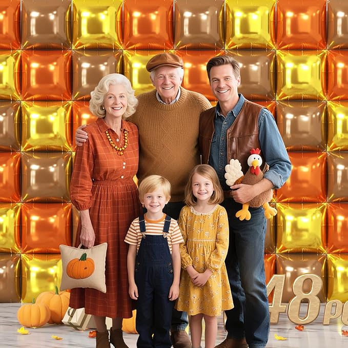 NISOCY 48PCS Orange Gold Brown Square Foil Balloons Wall Backdrop Metallic Autumn Fall Balloons Arch Kit for Thanksgiving Friendsgiving Birthday Halloween Baby Shower Fall Color Party Decorations