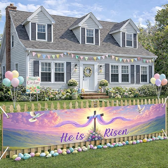He Is Risen Easter Banner Christian Resurrection Spring Decor 118×20 inch Religious Cross Sunrise Scene Banner for Church Yard Fence Door Wall Indoor Outdoor Easter Display
