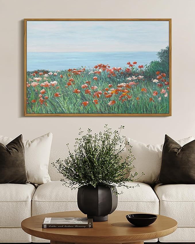 SHENIFY Vintage Framed Wall Art Coastal Wildflower Field Poppy Flower Landscape Scenery Home Decor Retro Decorations for Farmhouse Bedroom Ready to Hang Wall Artwork - 16x24in Natural Framed