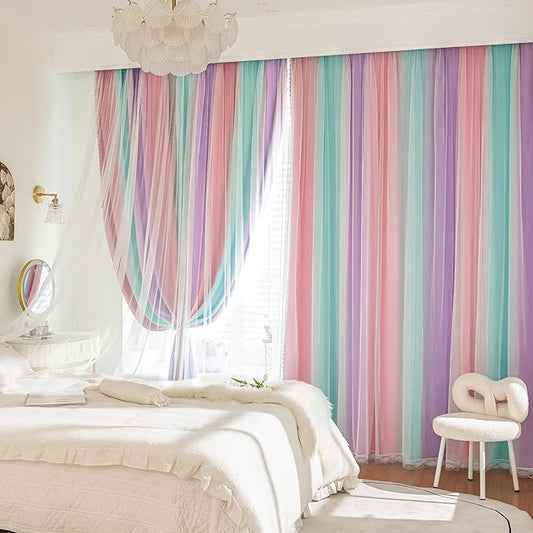 XiDi Blackout Curtains for Girls Kids Bedroom 63 Inches Long 2 Panels Thermal Insulated Colorful Rainbow Pink Curtains with Sheer Overlay Unicorn Wall Decor Princess Drapes Pink Purple Green 34Wx63L