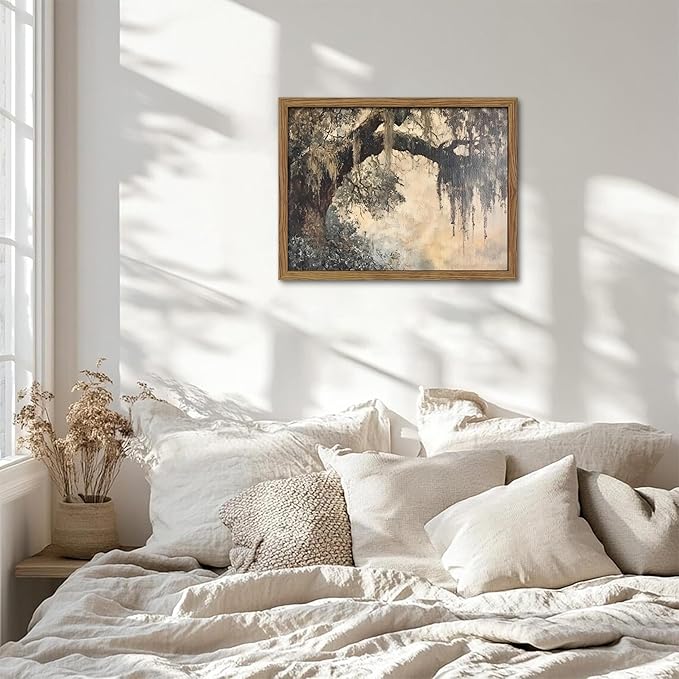 Framed Cottagecore Canvas Wall Art, Vintage Live Oak Tree Pictures Print, Charleston Spanish Moss Oil Paintings, Farmhouse Savannah Southern Wall Decor for Entryway Living Room – 12x16 inch