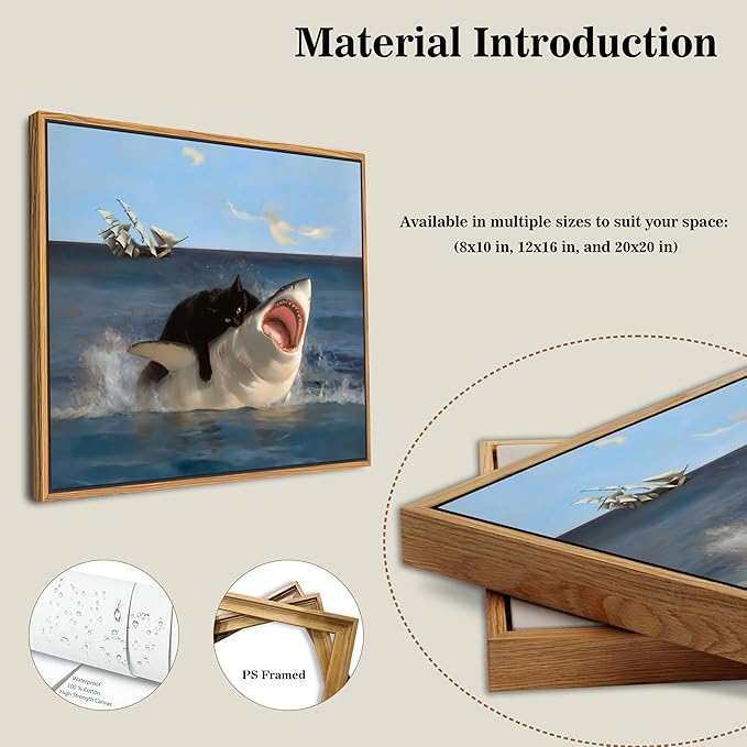 Floating Framed Black Cat Wall Art, Funny Quirky Cat and Shark Pictures Canvas Print, Abstract Black Cat Shark Posters Wall Decor for Room Bedroom Living Room Bathroom Aesthetic 20x20 inch