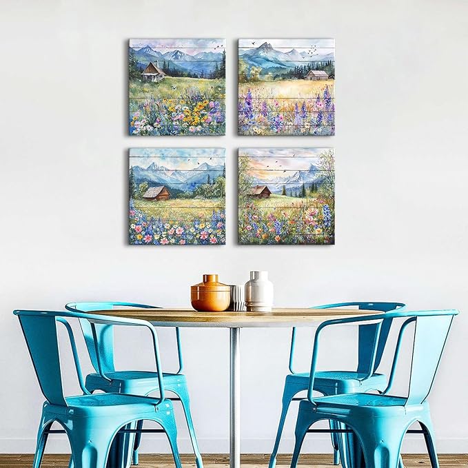 Colorful Wildflower Wall Art Farmhouse Floral Scenery Pictures Rustic Flower Landscape Canvas Painting Mountain Poster Prints Nature Artwork for Living Room Bathroom Modern Home Decorations 20x20” 4P