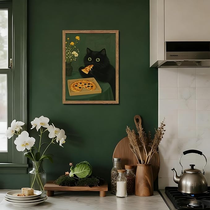 Framed Black Cat Wall Art, Cute The Cat Eating Pizza Canvas, Funny Kitchen Pictures Decor, Playful Food Lover Prints Artwork, Whimsical Animal Wall Decor for Kitchen Dining Room – 8x10 inch