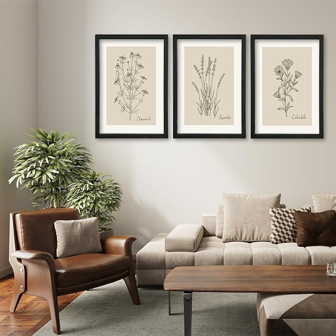 YWJKWLGS Framed Vintage Botanical Wall Art Set of 3, Black Wood Frame Wildflower Prints, Minimalist Rustic Farmhouse Decor, 11x16 inch Art for Living Room Bedroom Office