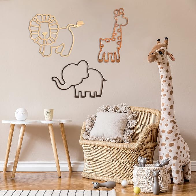 Yulejo 3 Pieces Nursery Wall Decor Jungle Theme Nursery Decoration Wooden Woodland Safari Animal Wall Decor with Glue Points for Bedroom