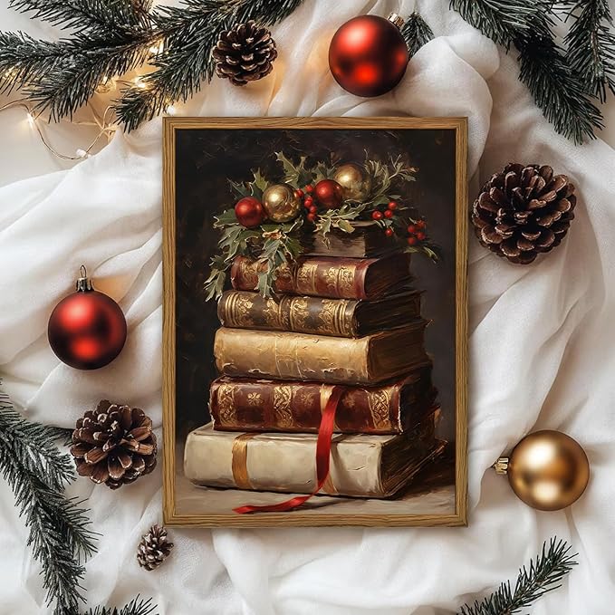 Framed Vintage Christmas Canvas Wall Art, Rustic Xmas Book Artwork Wall Decor Paintings, Retro Winter Holiday Pictures Prints Dark Academia Home Decor for Living Room Bedroom Libiary 16×24 inch