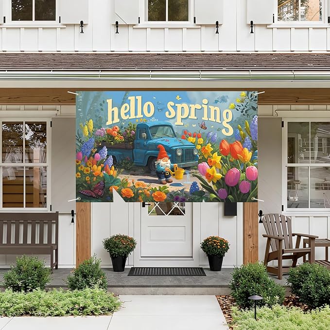 Hello Spring Backdrop 71'' x 43'' Hello Spring Banner Gnome Daisy Butterfly Backdrop Decorations for Photography Background Photo Prop Booth