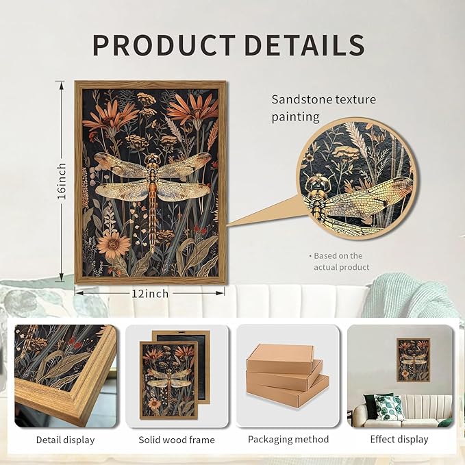 Framed Vintage 3D Textured Wall Art Dark Green Dragonfly Flowers Wall Decor Hand Drawn Sandstone Nature Botanical Paintings Pictures for Living Room Bedroom 16x24 inch