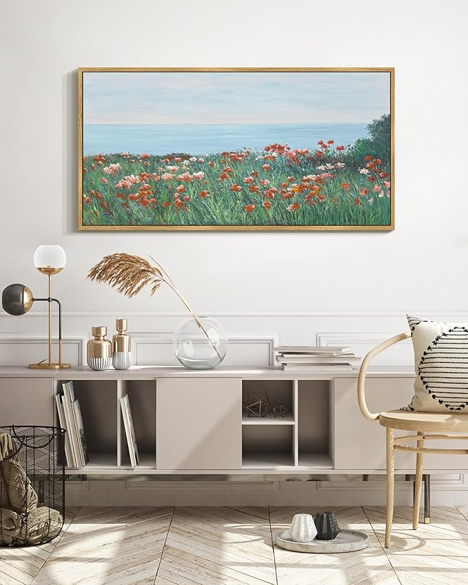 SHENIFY Vintage Framed Wall Art Coastal Wildflower Field Poppy Flower Landscape Scenery Home Decor Retro Decorations for Farmhouse Bedroom Ready to Hang Wall Artwork - 20x40in Natural Framed