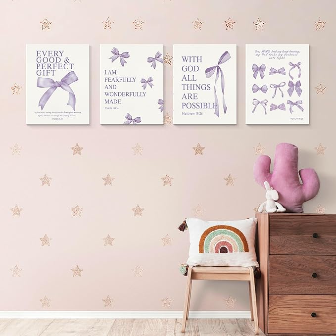 LARTSFRO Coquette Purple Bow Canvas Wall Art Decor Prints Posters, Purple Bow Room Bedroom Bathroom Dorm Wall Art Decor Aesthetic for College Teen Girls Gifts, Inspirational Bible Verses Bow Wall Decor, 11x14 Inch Set of 4 Pcs Bow Pictures (Canvas Fram...