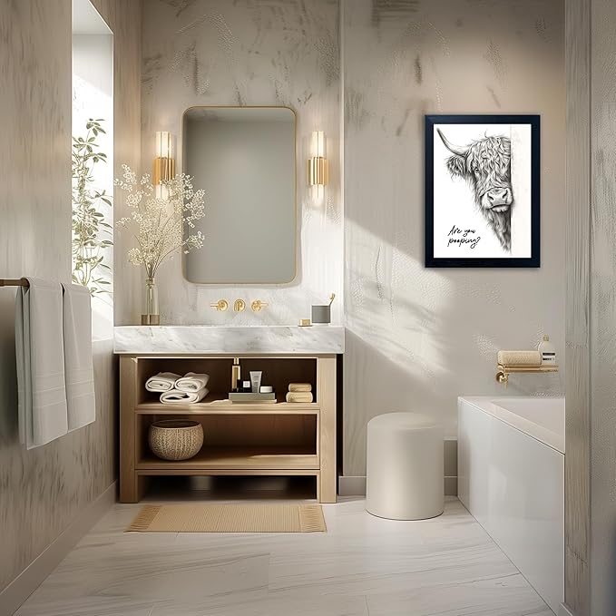 Funny Highland Cow Bathroom Wall Art - Rustic Farmhouse Wall Decor with Humorous Are You Pooping Canvas Print, Cute Animal Canvas Art for Restroom - Black Framed Cow Pictures Wall Decor Ready to Hang 16"x20"
