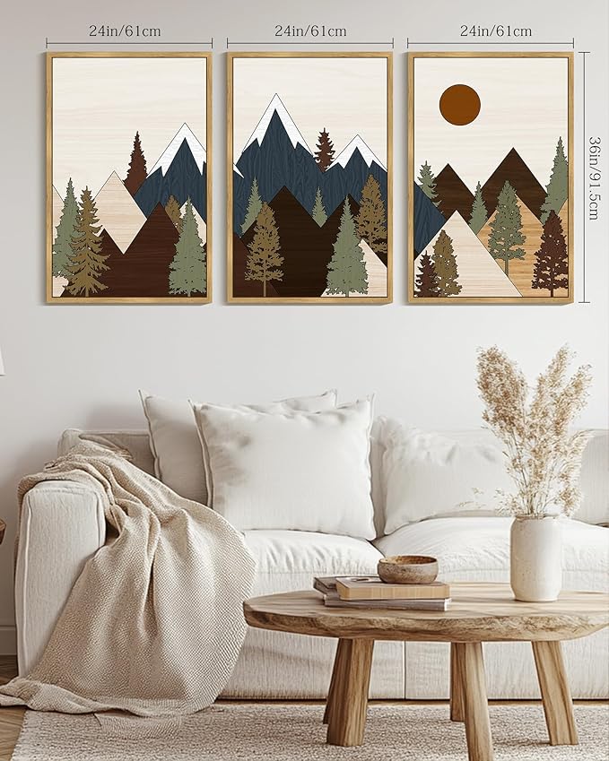 Drsoum Morden Mountains Landscape Wall Art Framed Boho Pine Tree Forest Nature Prints Boho Farmhouse Rustic Artwork Hallway Bedroom Ready to Hang 24x36in Natural Framed