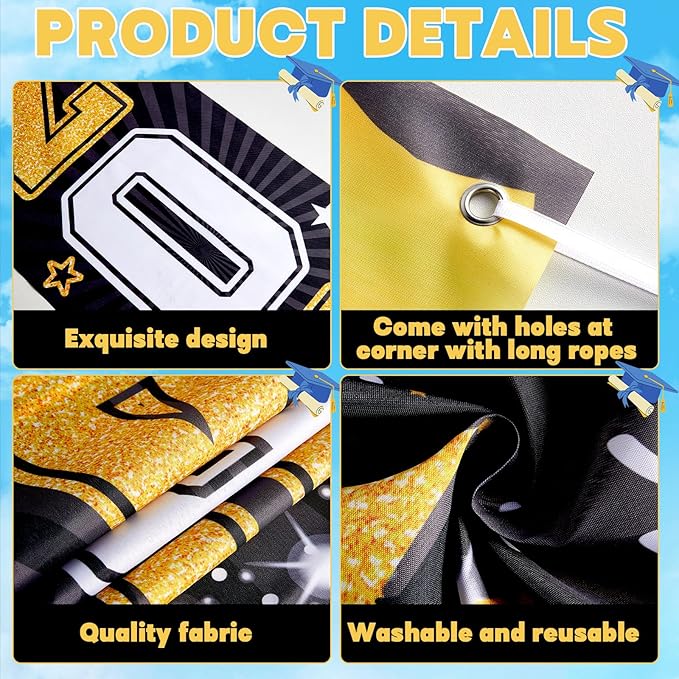 3Pcs Graduation Cap Door Banner 2026 Graduation Door Decoration Class of 2026 Porch Sign Congrat Grad Hanging Banner Decor Grad Party Indoor Outdoor Wall Decor Photo Prop Supplies Black Gold