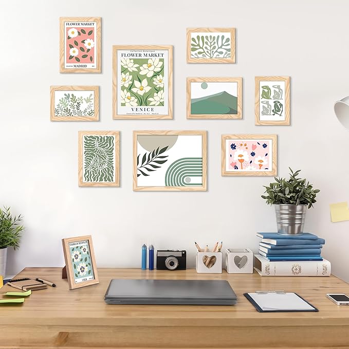 upsimples 10 Pack Picture Frames Collage Wall Decor for Mounting or Tabletop Display, Photo Gallery Frame Set for Family, Multi Sizes Including 8x10, 5x7, 4x6, Natural