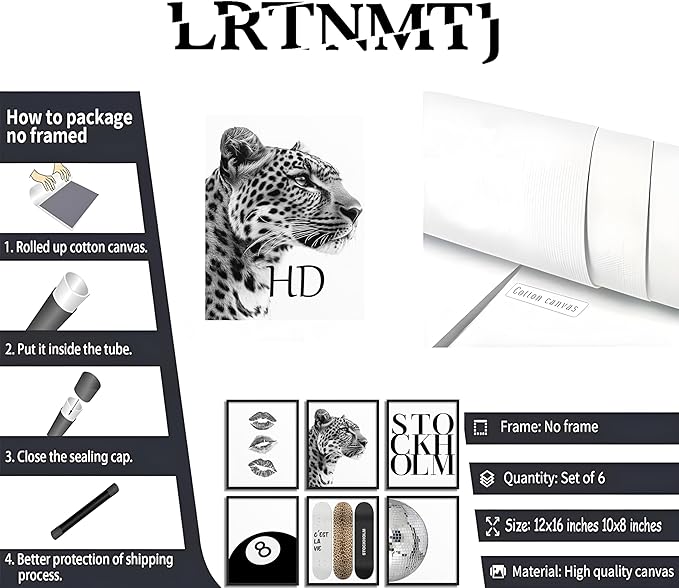 Fashion Trendy Leopard Wall Art Set of 6 Stockholm Preppy Room Painting Picture Wall Decor Black White Aesthetic Cheetah Poster Print Artwork for Girls Bedroom Dorm Apartment Home Decoration Unframed