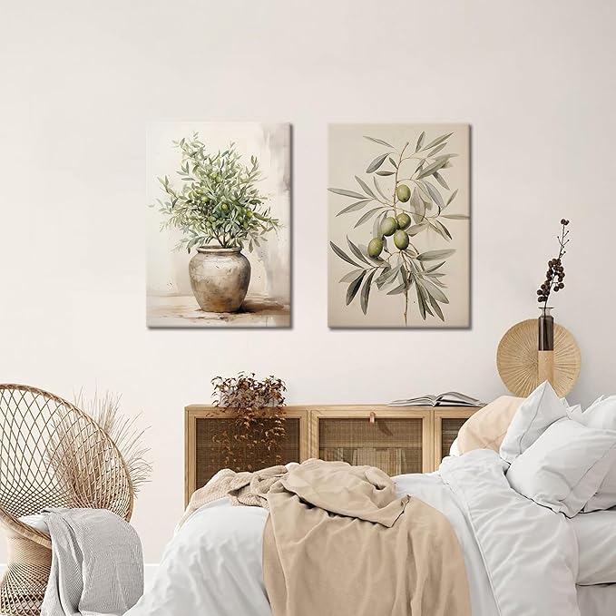2Pcs Framed Botanical Wall Art Green Olive Branches Poster Print Neutral Farmhous Plant Picture Canvas Painting Wall decor for Living Room Kitchen or Dining Room Decor 12x16IN