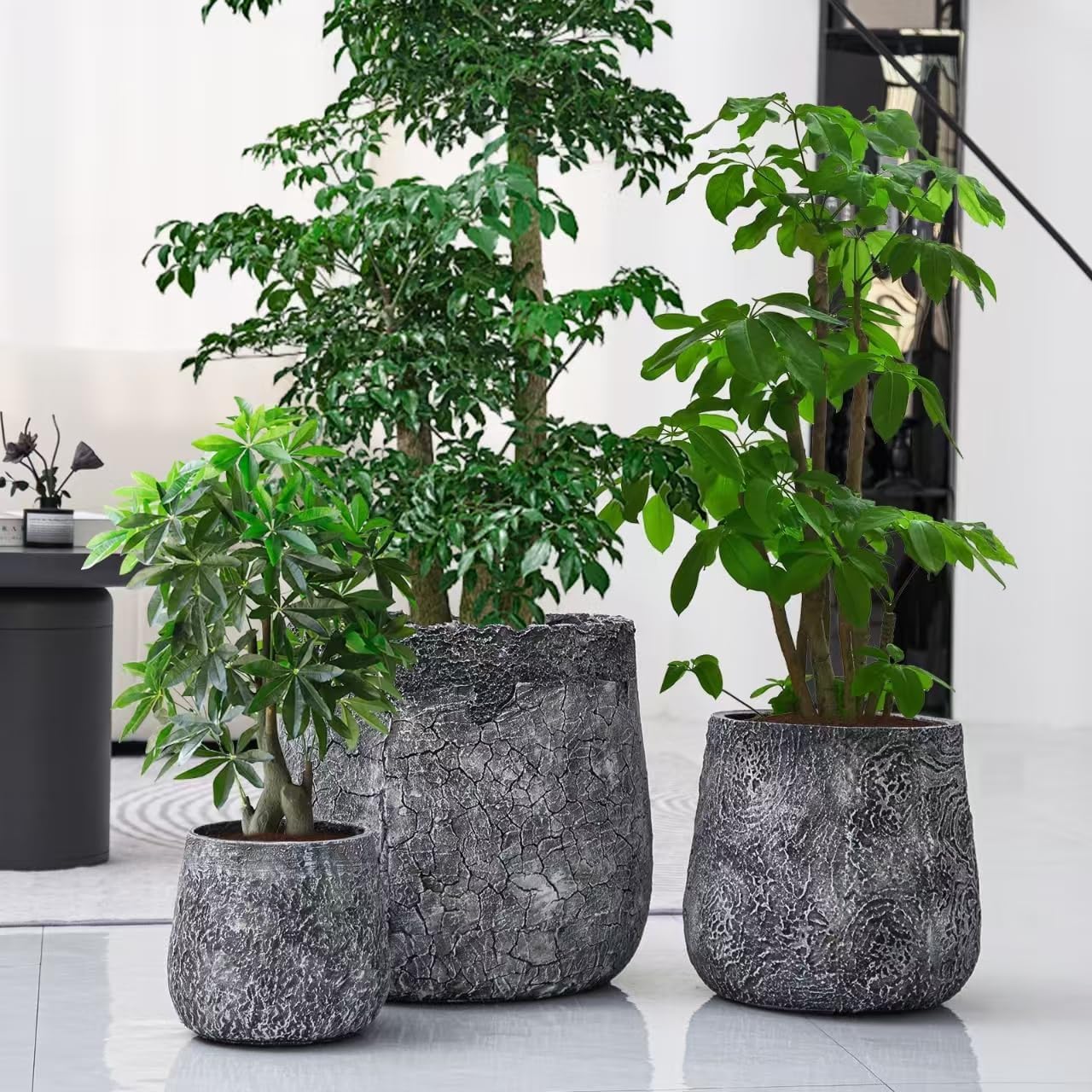 Craft flowerpots 18"+13"+19" Dia Round Concrete Planter Set of 3 Large Outdoor/Indoor Planter Pots Containers with Drainage Holes and Rubber Plug for Home Garden (Dark Gray, Large)