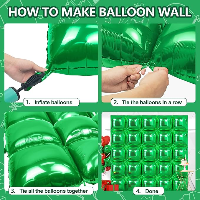 NISOCY 25PCS Green Square Foil Balloons Wall Backdrop Double Sided Green Christmas Balloons Tunnel Arch Kit for Baby Shower Birthday Anniversary Summer Party Decoration